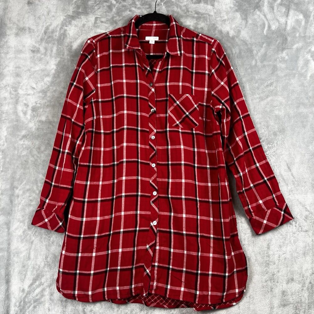 J Jill Womens Tunic Top Large  Red Mixed Plaid Long‎ Sleeve Shirt Pockets